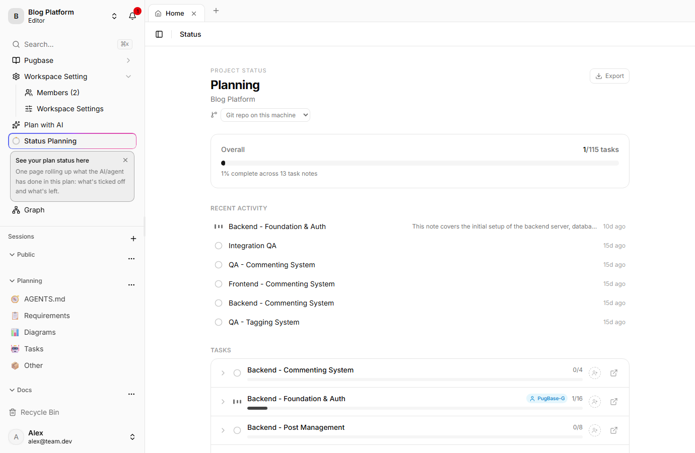 Status page: one tab per feature, per-note assignee and live agent activity