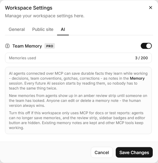 The Team Memory switch and live usage counter in Workspace Settings, AI tab