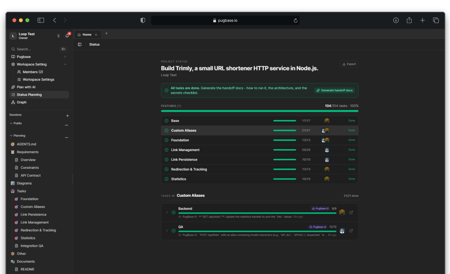 PugBase Status board: a finished plan at 104 of 104 tasks, with handoff docs ready to generate